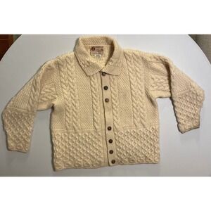 Standun Ireland Merino Wool Aran Cable Knit Button Cardigan Sweater Cream M